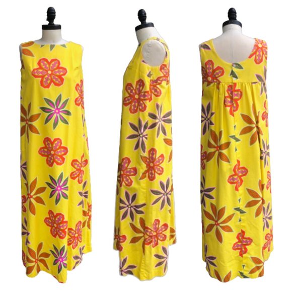 Vintage 50s/60s Hoaloha Hawaiian Barkcloth Yellow Floral Maxi Tiki Dress XS/S - Picture 3 of 14